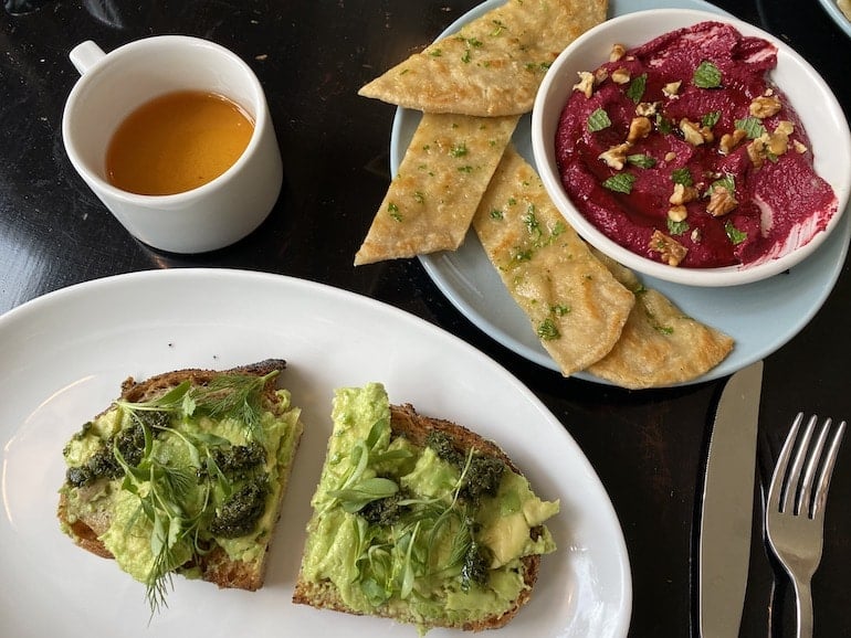 Sofia Tsakiridou breakfast with avocado toast and beetroot dip