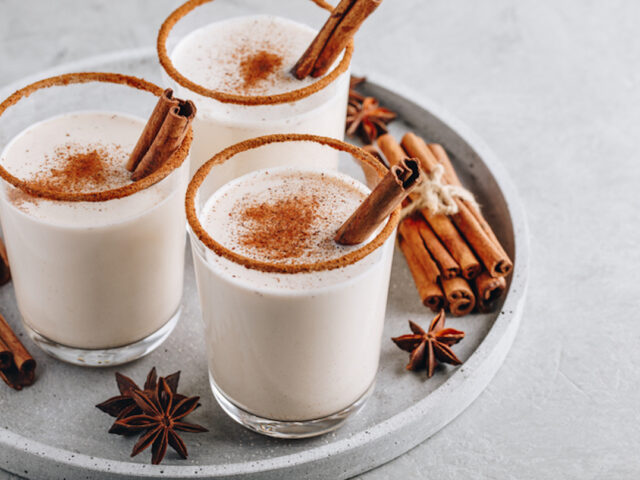 How to Make Eggnog. Three glasses of healthy eggnog.